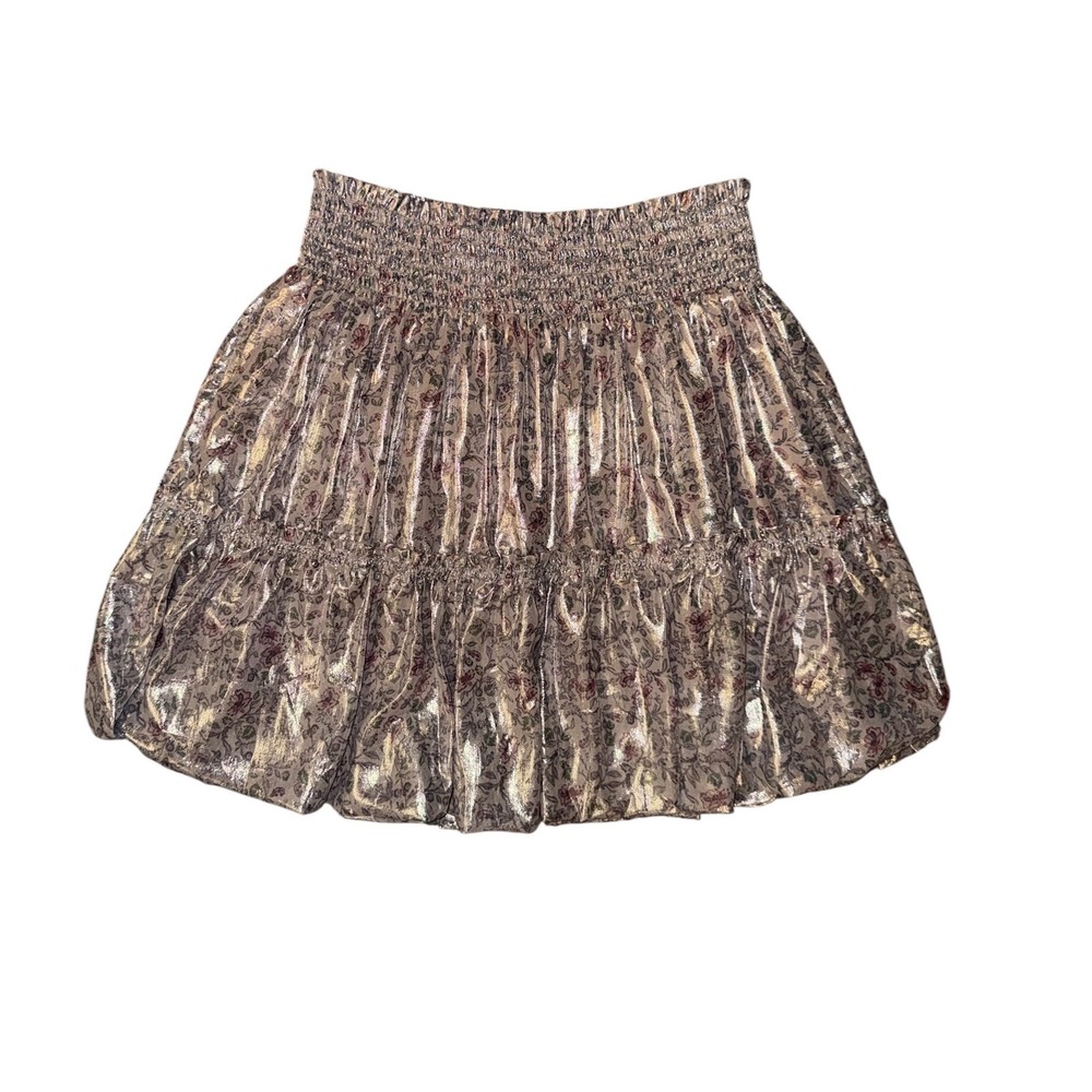 Free People Mini Skirt Womens Medium Floral silver Metallic Smocked Bubble Hem